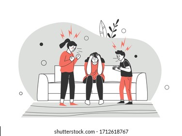 Conflicts, quarantine quarrels and disagreements within the family. Brother and sister fight and find out the relationship. The kids fight. Flat style character vector illustration