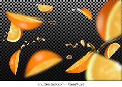 The confluence. Orange slices with juice drops and blur effect.