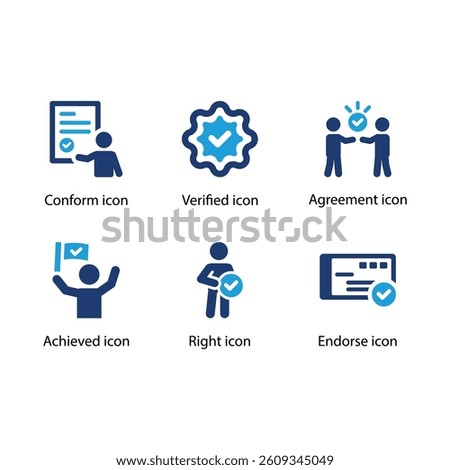 Conform, Verified, Agreement, Achieved, Right, Endorse, Blue Icon Set