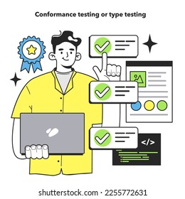 Conformance testing or type testing technique. Software testing methodology. IT specialist searching for bugs in code. Website and application development. Flat vector illustration