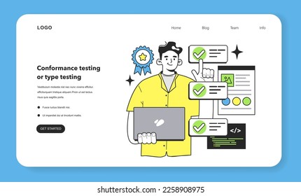 Conformance testing or type testing technique web banner or landing page. Software testing methodology. IT specialist searching for bugs in code. Website and app development. Flat vector illustration