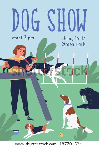 Conformation or breed show colorful poster template with place for text vector flat illustration. Vertical advertising for dog championship. Placard with woman cynologist training pets at playground Stock photo © 