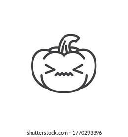 Confounded pumpkin face emoji line icon. linear style sign for mobile concept and web design. Annoyed pumpkin emoticon outline vector icon. Symbol, logo illustration.