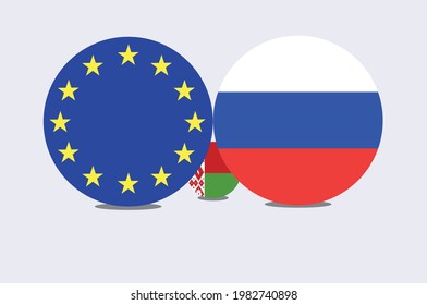 Confrontation between the European Union and Russia for patronage over Belarus. A funny comic strip illustrating the current geopolitical situation in Europe. Breaking news
