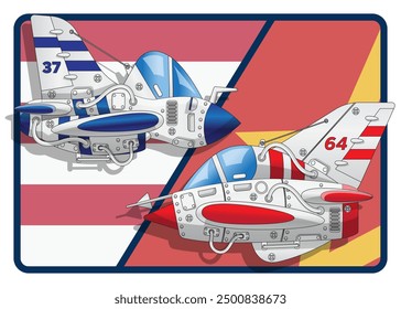 Confrontación entre aviones soviéticos y americanos. Luchadores. Ilustración vectorial.