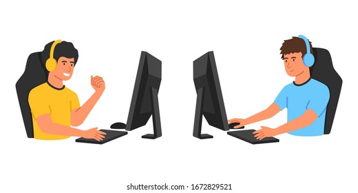 Confrontation between the two pro gamers in online video game. Esport concept cartoon with two players in headphones and with computer mouse and keyboard.