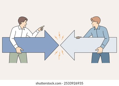 Confrontation business people arguing about company strategy and holding arrows pointing in different directions. Confrontation of office clerks experiencing aggression due to lack of command in team