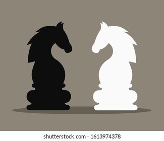 Confrontation, clash, conflict, fight and battle in chess and chessboard game - hostility, rivalry and competition between two horses and knights. Vector illustration.