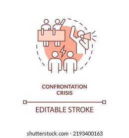 Konfrontation Krise rotes Konzept Symbol. Mitarbeiter Ungehorsam.Art der Krise abstrakte Idee dünne Linie Illustration. Einzeln Umrisszeichnung. Bearbeitbarer Strich. Arial, Myriad Pro Fett Schriftarten verwendet