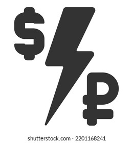 Confrontation of the dollar and the ruble, lightning - icon, illustration on white background, glyph style