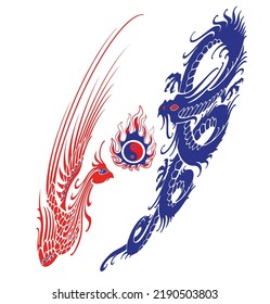 The confrontation of the Dragon and the Phoenix (Yin-Yang). The struggle for the pearl. Chinese mythology