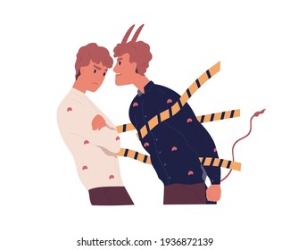 Confrontation of good and bad sides of person. Concept of inner conflict and split personality. Face to face with negative part of yourself. Flat vector illustration isolated on white background