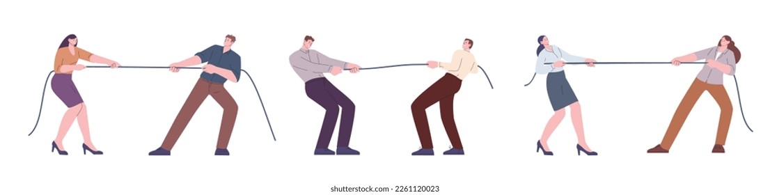 Confrontation metaphor. Man vs man, woman vs woman competition. People pulling rope, office workers arguing, business vector concept