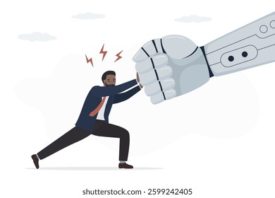Confrontation with new technologies, rebellion against replacement of people by artificial intelligence. Confident businessman resistant pushing robotic fist, fighting against robots. flat vector