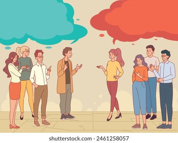 Confrontation people groups. Opposing opinions, conflict between opponents, social dispute, discuss with speech bubbles, debate different sides cartoon flat isolated vector concept