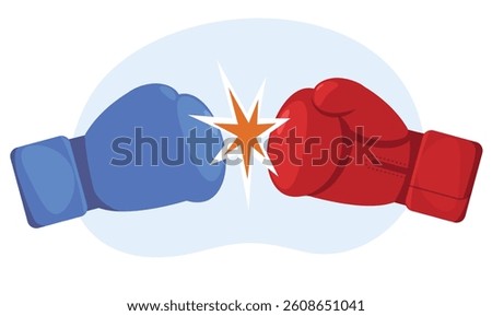 Confrontation and rivalry. Hands hit. Red and blue boxing glove. Sporting battle contest. Boxing competition. Boxers arms punch. Fists clash. Kickboxing attack. Bump