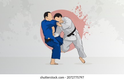 The confrontation of two men in judo wrestling. Abstract background