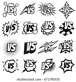 Confrontation versus vector signs. Vs opposite isolated logo set. Illustration of duel vs sign, opposition symbol of set