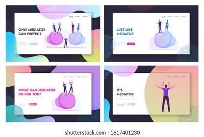 Confrontation at Work between Colleagues Website Landing Page Set. Man Mediator or Peacemaker Trying to Stop Fight. People Stand on Huge Boxing Gloves Web Page Banner. Cartoon Flat Vector Illustration