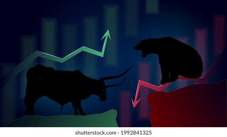 Confronting Bullish Trend Versus Bearish Trend With Up And Down Arrows On Dark Background. Blurred Japanese Candles On Background. Vector Image.