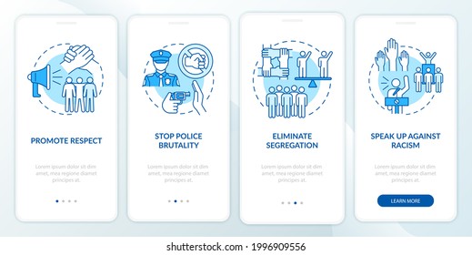 Confronting racism onboarding mobile app page screen. Stop officer brutality walkthrough 4 steps graphic instructions with concepts. UI, UX, GUI vector template with linear color illustrations