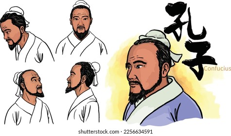 Confucius: Ancient China philosopher and politician of the Spring and Autumn period. Han characters: Kong Zi(Confucius). Portrait isolated and viewed in different perspective.