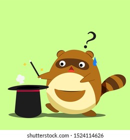 confuse brown raccoon with magic hat and the wand. raccoon character. vector illustration