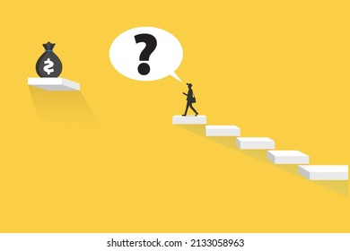 confuse business man on grey concrete staircase with big money bag at the top of it but with part of steps between businessman and bag missing. Big fail. Business problems. Hard way to top