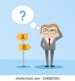 Confuse Businessman with Chat Bubble and road sign. Vector designed character.