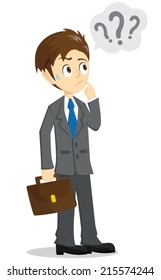 Confunda al hombre de negocios mirando el signo de interrogación con el bolso