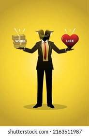 Confuse businessman with money and life heart shape in other hand