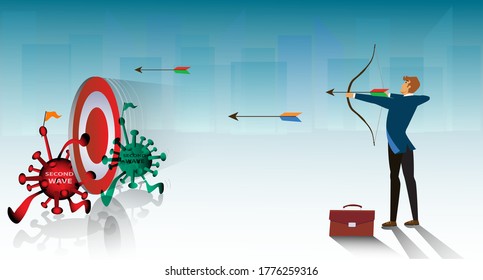 Confuse Businessman Shooting Arrow With A Dropdown Target On Crisis Coronavirus Covid 19. Concept Of Lost Goal Or Business Failure. Flat Isolated Vector Illustration.