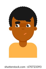 Confuse facial expression of black boy avatar. Young african man face, people emoticon icon, emoji vector illustrations isolated on white background.