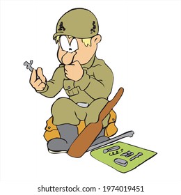Confuse soldier assembling his rifle