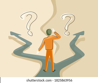 Confused abstract man at crossroads before important choice (correct decision choosing) - vector illustration for business concept or political election