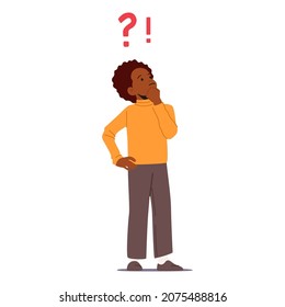 Confundida expresión de preguntas de niños africanos, confusa curiosa pregunta de niños, pensamiento, búsqueda de respuestas y problemas de solución, dudas, desconcertada tarea de resolver problemas de escolares. Ilustración del vector de dibujos animados