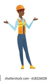Confused african builder with spread arms. Full length of young confused builder with spread arms. Confused builder shrugging shoulders. Vector flat design illustration isolated on white background