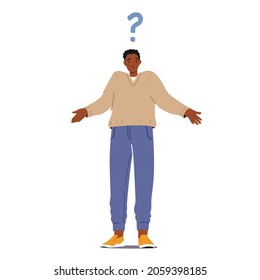 Confused African Man Shrug with Big Question Mark over Head. Confused, Curious Person Asking Questions, Thinking, Searching Answers and Solution Problem, FAQ Service. Cartoon Vector Illustration