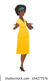 Confused african pregnant woman shrugging her shoulders. Full length of doubtful pregnant woman gesturing hands and shrugging shoulders. Vector flat design illustration isolated on white background.