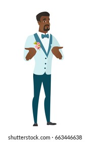 Confused african-american bridegroom shrugging shoulders. Full length of doubtful bridegroom gesturing hands and shrugging his shoulders. Vector flat design illustration isolated on white background.