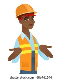 Confused african-american builder in hard hat shrugging shoulders. Young doubtful builder gesticulating hands and shrugging shoulders. Vector flat design illustration isolated on white background.