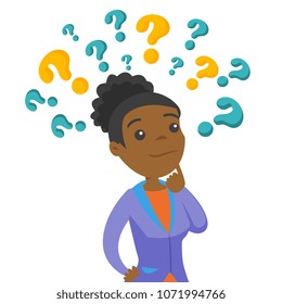 Confused african-american business woman standing under question marks and thinking. Business woman in doubt surrounded by question marks. Vector cartoon illustration isolated on white background.