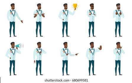 Confused african-american groom shrugging his shoulders. Full length of doubtful groom gesturing hands and shrugging his shoulders. Set of vector flat design illustrations isolated on white background