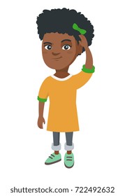 Confused african-american little girl scratching head. Thoughtful girl scratching her head. Puzzled girl scratching her head. Vector sketch cartoon illustration isolated on white background.