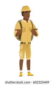 Confused african-american traveler shrugging his shoulders. Full length of doubtful traveler gesturing hands and shrugging his shoulders. Vector flat design illustration isolated on white background.