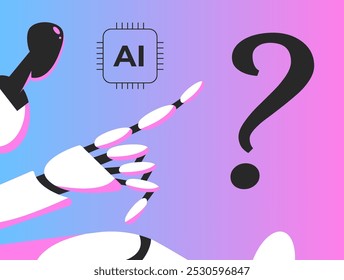 Confused AI Robot in doubt, uncertainty. Choice, dilemma, decision making concept. Decision, choosing between options, asking questions, requests. Flat vector illustration.