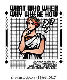 confused ancient roman girl brutalism background