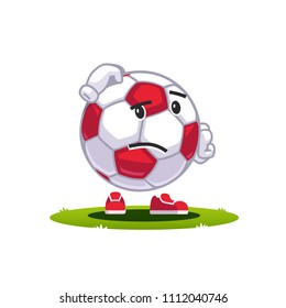 Confused animated soccer football fan character watching football match and thinking. Cartoon soccer ball emoticon. Colorful clipart. Flat style vector illustration isolated on white background