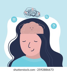 Confused, anxious and stressed brain. Female character sleeping, but mind with nervous problem feels anxiety and confusion. Concept of mental disorder and chaos in consciousness. vector illustration