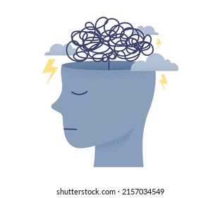 Confused, anxious and stressed brain. Mental health concept person profile vector illustration.